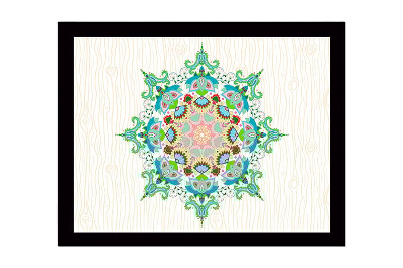 Inramad Canvastavla i trä - 41x56 cm - Färgglad mandala med intrikata mönster, Grön / Rosa / Blå