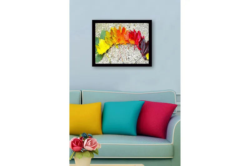 Inramad Canvastavla i trä - 41x56 cm - Färgglad rad av höstlöv i olika nyanser - Gult / Orange / Rött - Inredning & dekor - Tavlor & konst