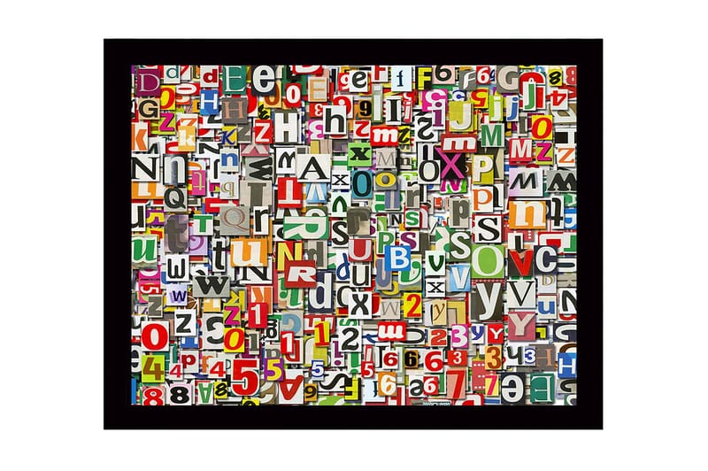 Inramad Canvastavla i trä - 41x56 cm - Färgglad samling av bokstäver och siffror, Röd / Grön / Gul