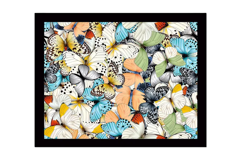 Inramad Canvastavla i trä - 41x56 cm - Färgglad samling av fjärilar, Blå / Vit / Orange
