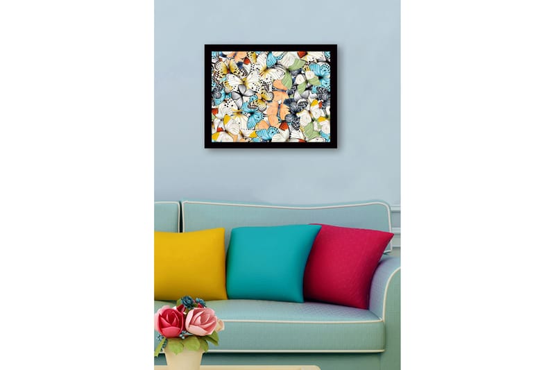 Inramad Canvastavla i trä - 41x56 cm - Färgglad samling av fjärilar - Blå / Vit / Orange - Inredning & dekor - Tavlor & konst