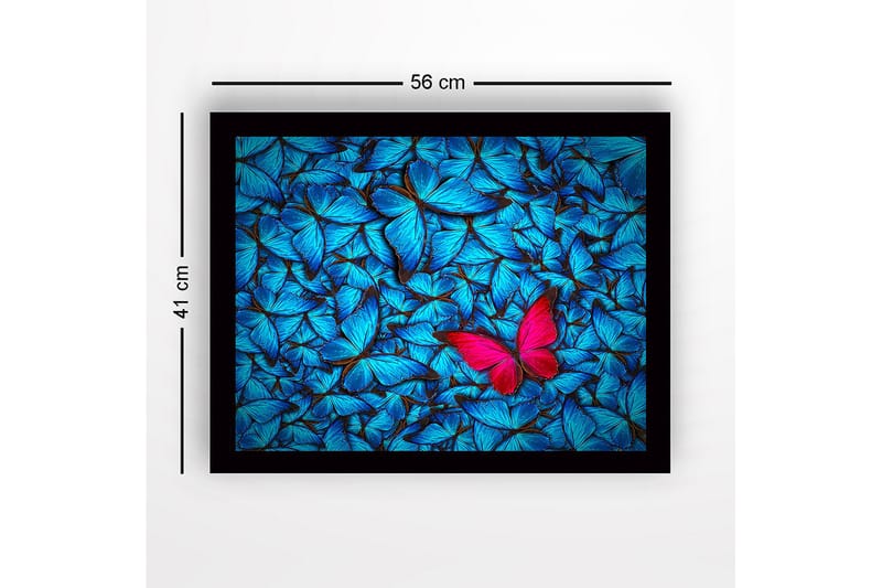 Inramad Canvastavla i trä - 41x56 cm - Färgglad samling av fjärilar med en framträdande rosa fjäril - Blå / Rosa - Inredning & dekor - Tavlor & konst