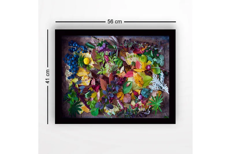 Inramad Canvastavla i trä - 41x56 cm - Färgglad samling av höstlöv och bär - Grön / Röd / Gul - Inredning & dekor - Tavlor & konst