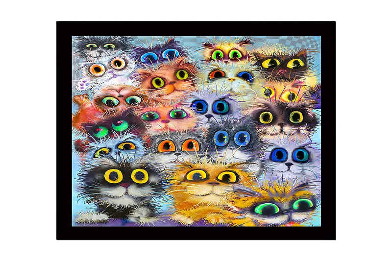 Inramad Canvastavla i trä - 41x56 cm - Färgglad samling av kattansikten med stora ögon, Orange / Svart / Blå
