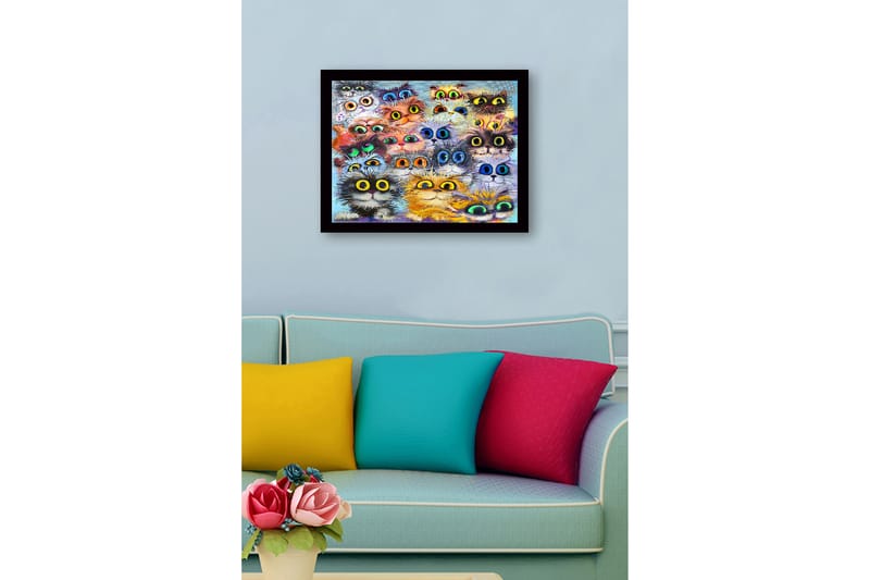 Inramad Canvastavla i trä - 41x56 cm - Färgglad samling av kattansikten med stora ögon - Orange / Svart / Blå - Inredning & dekor - Tavlor & konst