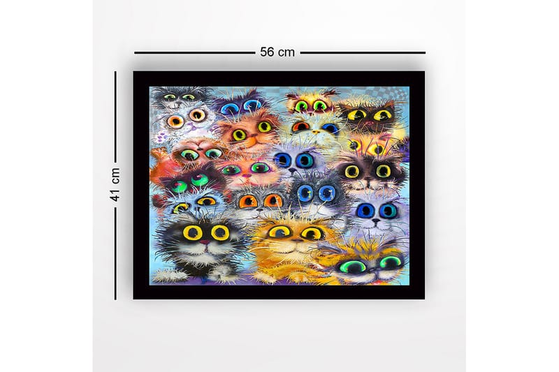 Inramad Canvastavla i trä - 41x56 cm - Färgglad samling av kattansikten med stora ögon - Orange / Svart / Blå - Inredning & dekor - Tavlor & konst