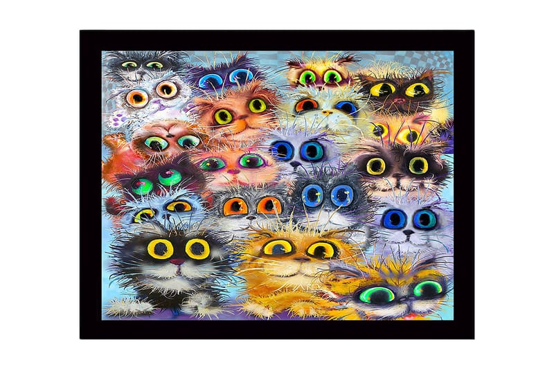 Inramad Canvastavla i trä - 41x56 cm - Färgglad samling av kattansikten med stora ögon, Orange / Svart / Blå