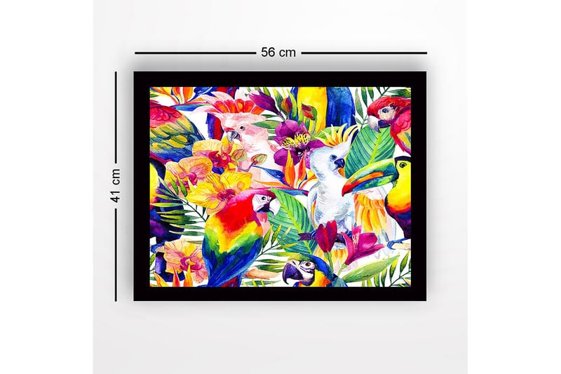 Inramad Canvastavla i trä - 41x56 cm - Färgglad samling av tropiska fåglar och blommor - Grön / Röd / Gul - Inredning & dekor - Tavlor & konst
