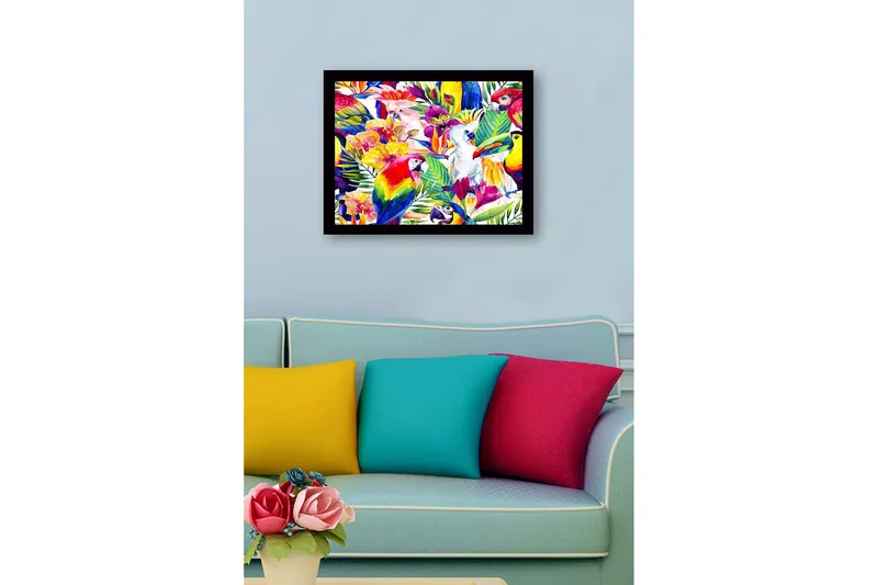Inramad Canvastavla i trä - 41x56 cm - Färgglad samling av tropiska fåglar och blommor - Grön / Röd / Gul - Inredning & dekor - Tavlor & konst