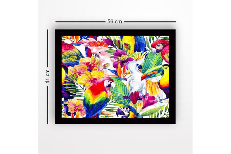 Inramad Canvastavla i trä - 41x56 cm - Färgglad samling av tropiska fåglar och blommor - Grön / Röd / Gul - Inredning & dekor - Tavlor & konst