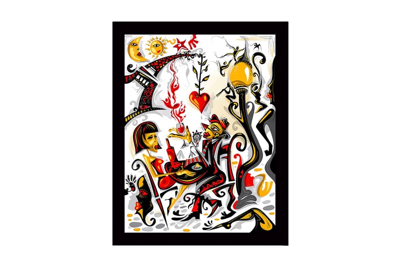 Inramad Canvastavla i trä - 41x56 cm - Färgglad scen med två figurer som interagerar i en romantisk atmosfär - Röd / Svart / Gul - Inredning & dekor - Tavlor & konst