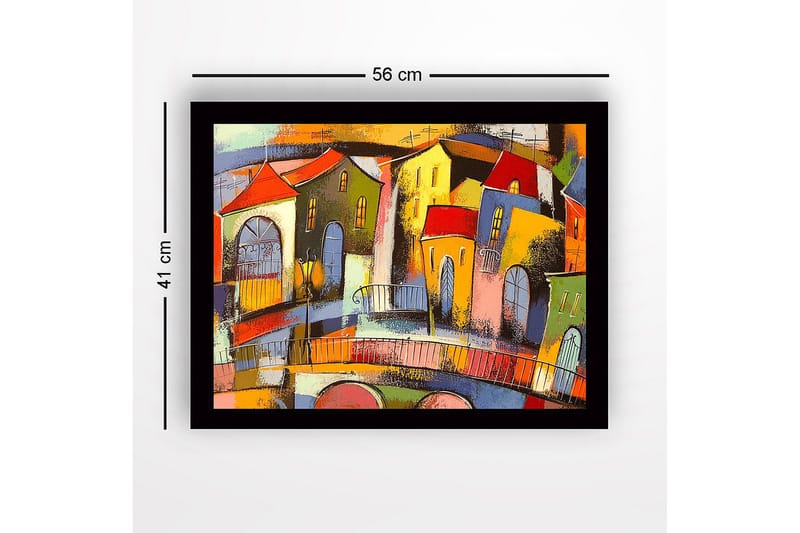 Inramad Canvastavla i trä - 41x56 cm - Färgglad stadsbild med snedställda hus och broar - Röd / Grön / Gul - Inredning & dekor - Tavlor & konst