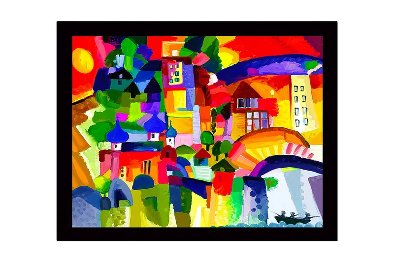 Inramad Canvastavla i trä - 41x56 cm - Färgglad stadssilhuett med kupoler och byggnader, Röd / Grön / Blå