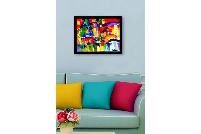 Inramad Canvastavla i trä - 41x56 cm - Färgglad stadssilhuett med kupoler och byggnader - Röd / Grön / Blå - Inredning & dekor - Tavlor & konst