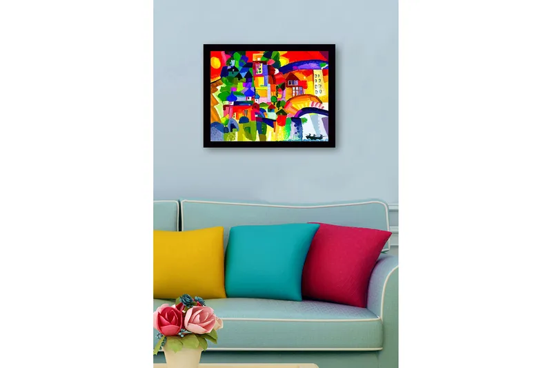 Inramad Canvastavla i trä - 41x56 cm - Färgglad stadssilhuett med kupoler och byggnader - Röd / Grön / Blå - Inredning & dekor - Tavlor & konst