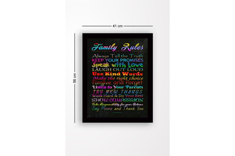 Inramad Canvastavla i trä - 41x56 cm - Färgglad tavla med familjeregler i olika typsnitt - Röd / Blå / Grön - Inredning & dekor - Tavlor & konst