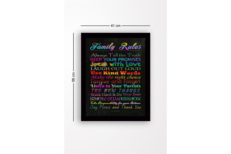 Inramad Canvastavla i trä - 41x56 cm - Färgglad tavla med familjeregler i olika typsnitt - Röd / Blå / Grön - Inredning & dekor - Tavlor & konst