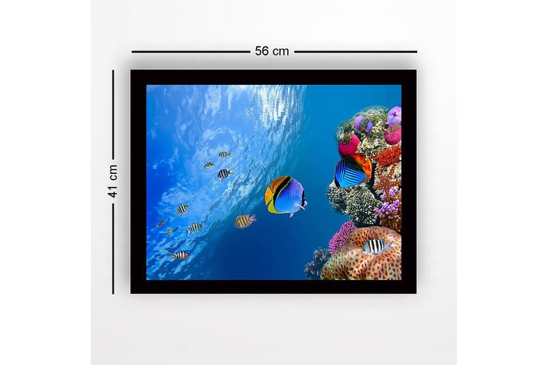 Inramad Canvastavla i trä - 41x56 cm - Färgglad undervattensscen med korallrev och simmande fiskar - Blå / Orange / Rosa - Inredning & dekor - Tavlor & konst