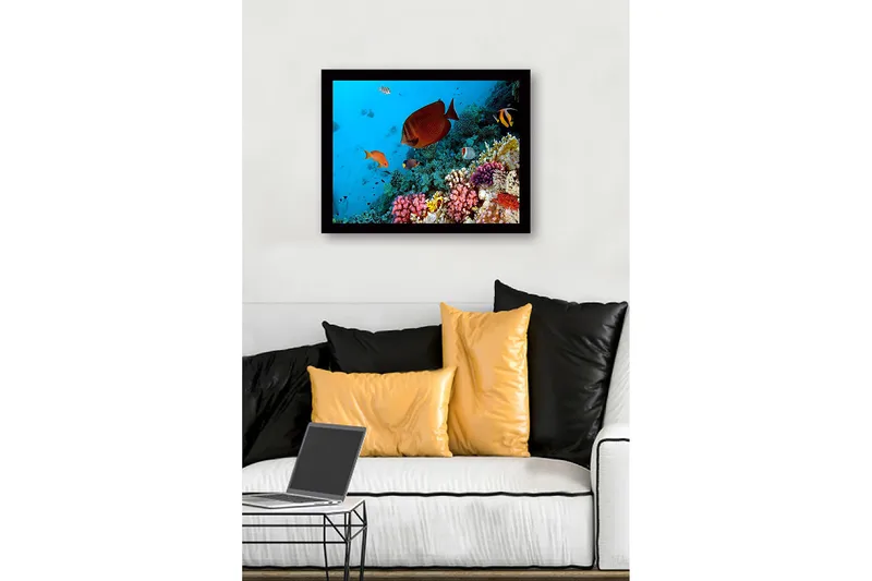 Inramad Canvastavla i trä - 41x56 cm - Färgglad undervattensscen med korallrev och tropiska fiskar - Blå / Orange / Rosa - Inredning & dekor - Tavlor & konst