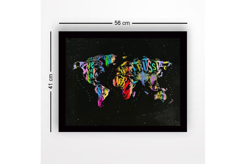 Inramad Canvastavla i trä - 41x56 cm - Färgglad världskarta skapad av bokstäver och text - Lila / Grön / Röd - Inredning & dekor - Tavlor & konst
