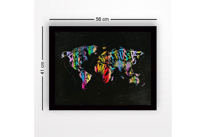 Inramad Canvastavla i trä - 41x56 cm - Färgglad världskarta skapad av bokstäver och text - Lila / Grön / Röd - Inredning & dekor - Tavlor & konst