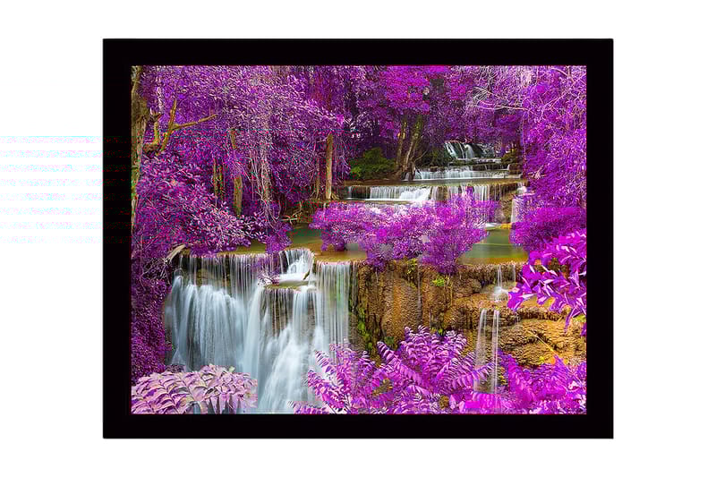Inramad Canvastavla i trä - 41x56 cm - Färgglad vattenfall omgiven av lila blommor och grönska - Lila / Grön / Blå - Inredning & dekor - Tavlor & konst