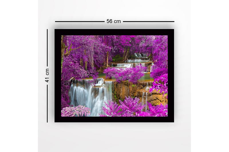 Inramad Canvastavla i trä - 41x56 cm - Färgglad vattenfall omgiven av lila blommor och grönska - Lila / Grön / Blå - Inredning & dekor - Tavlor & konst