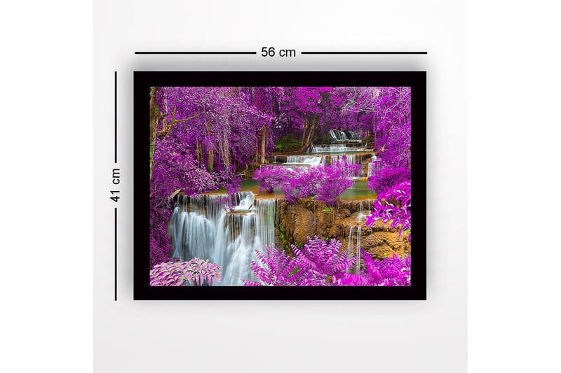 Inramad Canvastavla i trä - 41x56 cm - Färgglad vattenfall omgiven av lila blommor och grönska - Lila / Grön / Blå - Inredning & dekor - Tavlor & konst