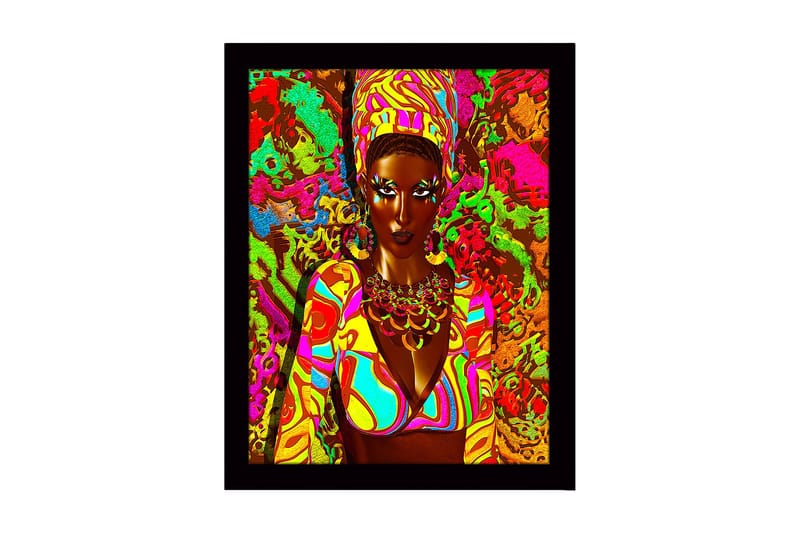 Inramad Canvastavla i trä - 41x56 cm - Färgglad porträtt av en kvinna med traditionella smycken och kläder - Rosa / Grön / Orange - Inredning & dekor - Tavlor & konst