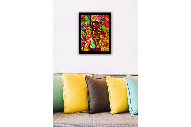 Inramad Canvastavla i trä - 41x56 cm - Färgglad porträtt av en kvinna med traditionella smycken och kläder - Rosa / Grön / Orange - Inredning & dekor - Tavlor & konst