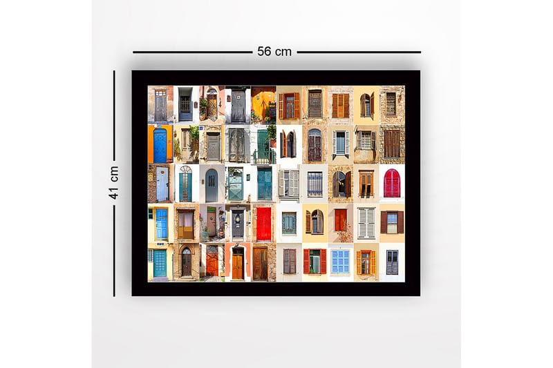 Inramad Canvastavla i trä - 41x56 cm - Färgglada dörrar och fönster i en mosaik av olika stilar - Blå / Röd / Beige - Inredning & dekor - Tavlor & konst