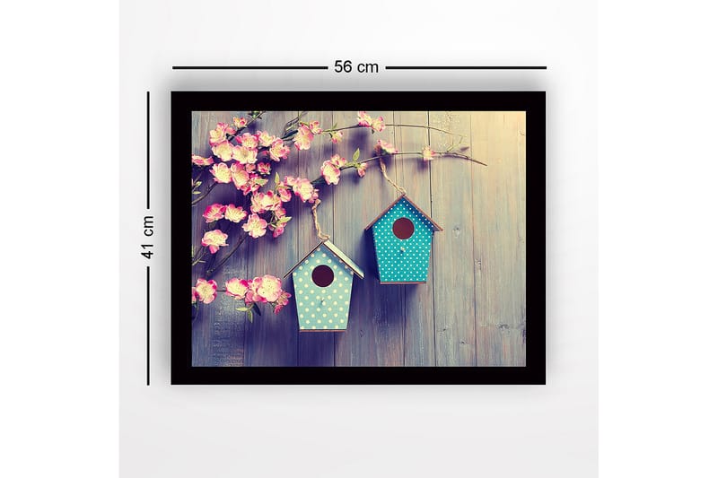 Inramad Canvastavla i trä - 41x56 cm - Färgglada fågelholkar hängande bland blommor - Rosa / Turkos - Inredning & dekor - Tavlor & konst
