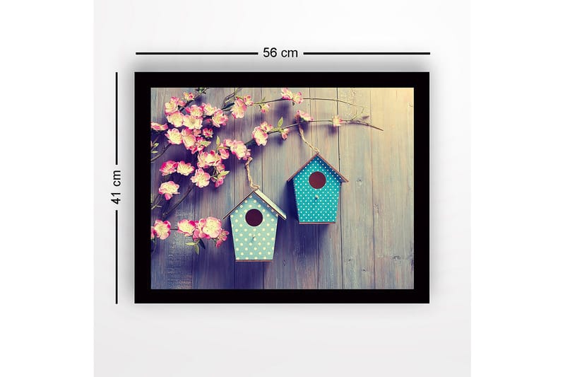 Inramad Canvastavla i trä - 41x56 cm - Färgglada fågelholkar hängande bland blommor - Rosa / Turkos - Inredning & dekor - Tavlor & konst