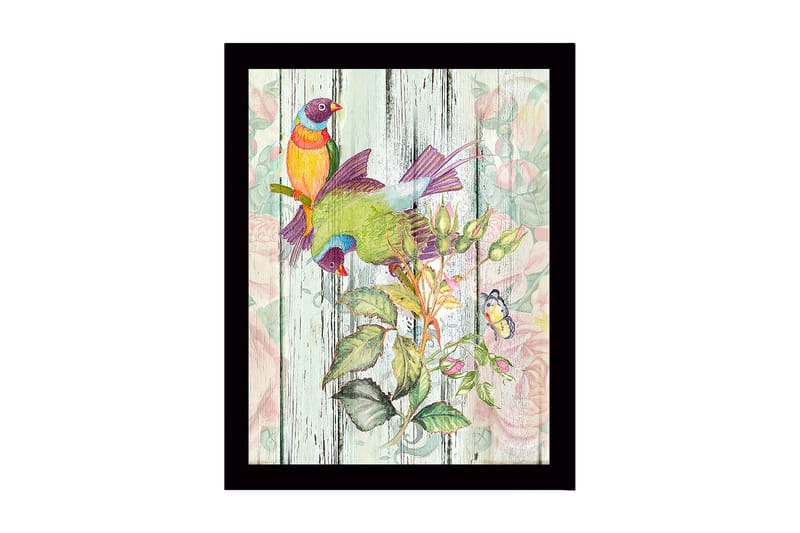Inramad Canvastavla i trä - 41x56 cm - Färgglada fåglar i en botanisk komposition - Grön / Gul / Lila - Inredning & dekor - Tavlor & konst