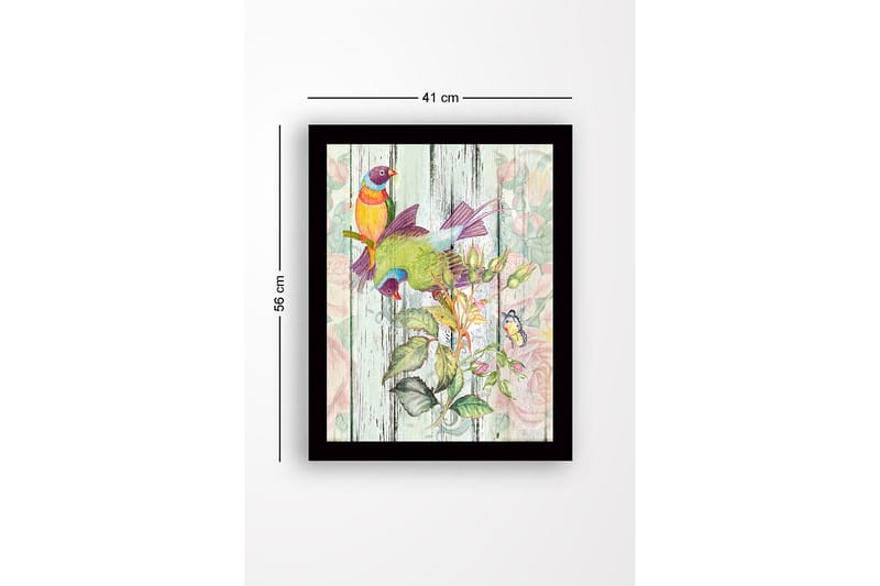 Inramad Canvastavla i trä - 41x56 cm - Färgglada fåglar i en botanisk komposition - Grön / Gul / Lila - Inredning & dekor - Tavlor & konst