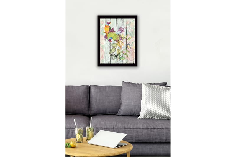 Inramad Canvastavla i trä - 41x56 cm - Färgglada fåglar i en botanisk komposition - Grön / Gul / Lila - Inredning & dekor - Tavlor & konst