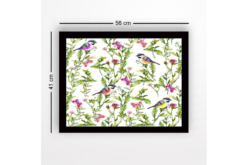 Inramad Canvastavla i trä - 41x56 cm - Färgglada fåglar omgivna av blommor och gröna växter - Grön / Rosa / Gul - Inredning & dekor - Tavlor & konst