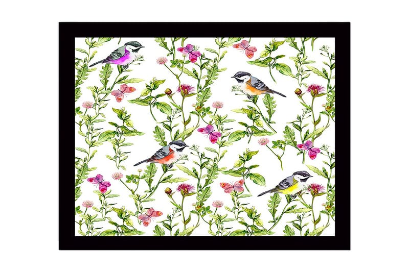 Inramad Canvastavla i trä - 41x56 cm - Färgglada fåglar omgivna av blommor och gröna växter - Grön / Rosa / Gul - Inredning & dekor - Tavlor & konst
