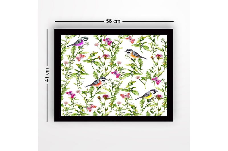 Inramad Canvastavla i trä - 41x56 cm - Färgglada fåglar omgivna av blommor och gröna växter - Grön / Rosa / Gul - Inredning & dekor - Tavlor & konst