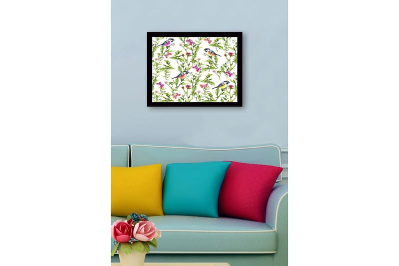 Inramad Canvastavla i trä - 41x56 cm - Färgglada fåglar omgivna av blommor och gröna växter - Grön / Rosa / Gul - Inredning & dekor - Tavlor & konst