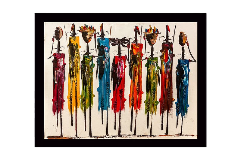 Inramad Canvastavla i trä - 41x56 cm - Färgglada figurer med traditionella inslag och långa stavar - Röd / Grön / Blå - Inredning & dekor - Tavlor & konst