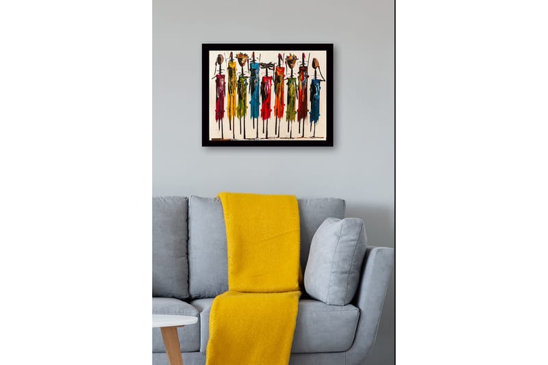 Inramad Canvastavla i trä - 41x56 cm - Färgglada figurer med traditionella inslag och långa stavar - Röd / Grön / Blå - Inredning & dekor - Tavlor & konst