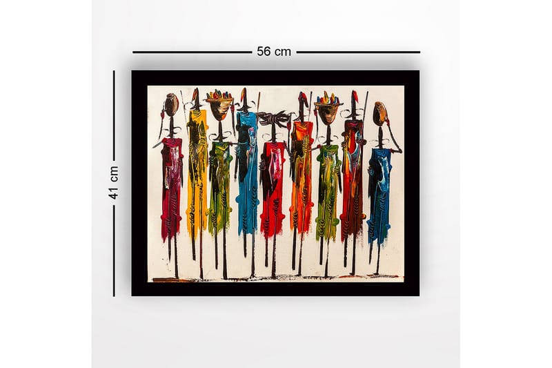 Inramad Canvastavla i trä - 41x56 cm - Färgglada figurer med traditionella inslag och långa stavar - Röd / Grön / Blå - Inredning & dekor - Tavlor & konst