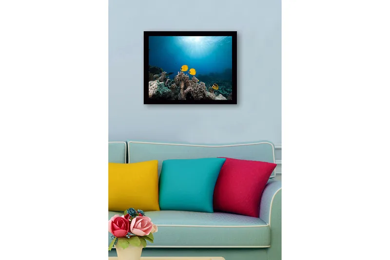 Inramad Canvastavla i trä - 41x56 cm - Färgglada fiskar simmande bland korallrev - Gul / Blå / Grå - Inredning & dekor - Tavlor & konst