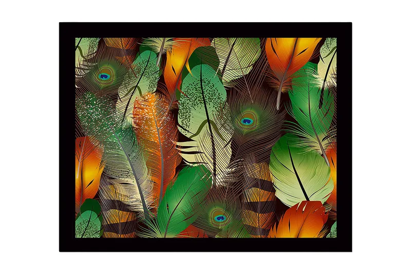 Inramad Canvastavla i trä - 41x56 cm - Färgglada fjädrar i en livlig komposition - Grön / Orange / Gul - Inredning & dekor - Tavlor & konst