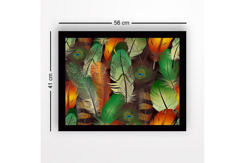 Inramad Canvastavla i trä - 41x56 cm - Färgglada fjädrar i en livlig komposition - Grön / Orange / Gul - Inredning & dekor - Tavlor & konst
