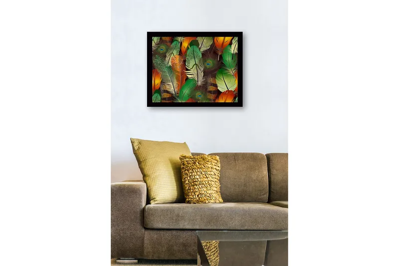 Inramad Canvastavla i trä - 41x56 cm - Färgglada fjädrar i en livlig komposition - Grön / Orange / Gul - Inredning & dekor - Tavlor & konst