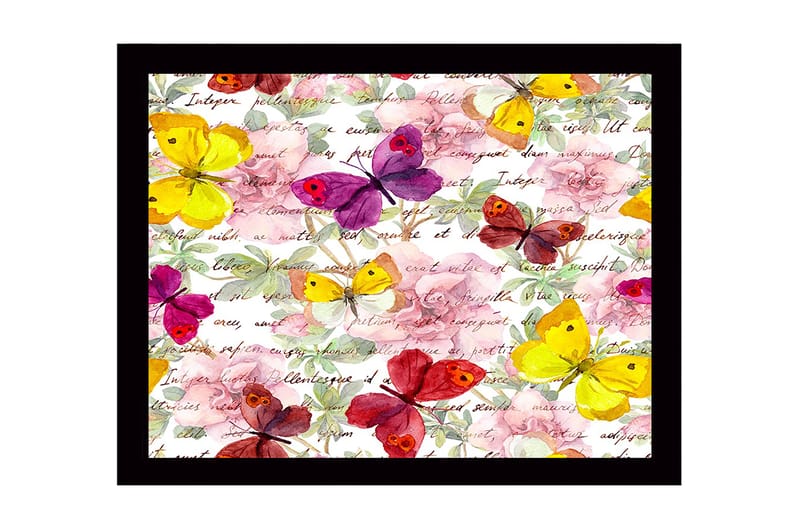Inramad Canvastavla i trä - 41x56 cm - Färgglada fjärilar i en blomstrande komposition - Gul / Lila / Rosa - Inredning & dekor - Tavlor & konst
