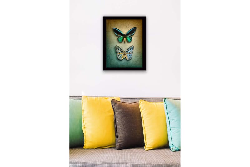Inramad Canvastavla i trä - 41x56 cm - Färgglada fjärilar på en texturerad bakgrund - Grön / Blå / Beige - Inredning & dekor - Tavlor & konst