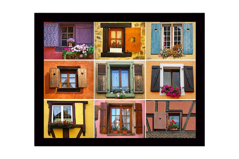 Inramad Canvastavla i trä - 41x56 cm - Färgglada fönster med blomsterarrangemang - Lila / Orange / Grön - Inredning & dekor - Tavlor & konst